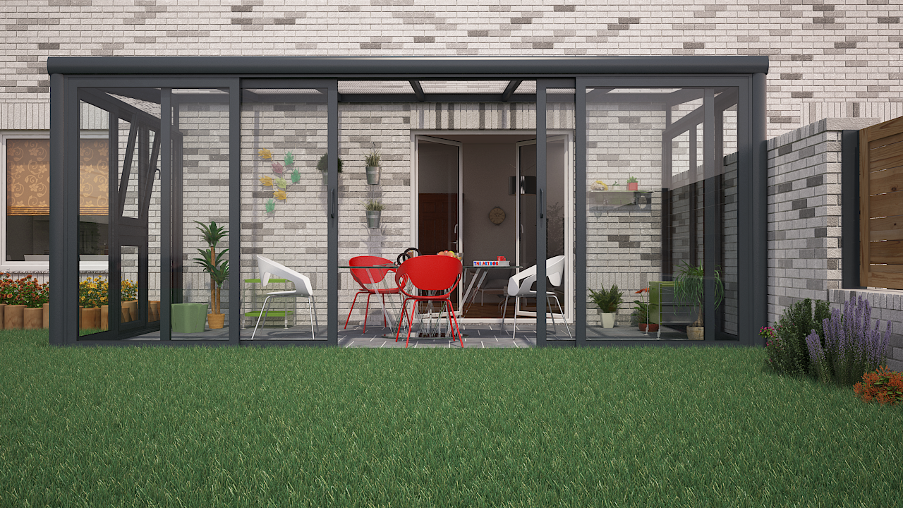 Moderne zwarte aluminium serre aanbouw met glazen schuifwanden en uitzicht op een groene tuin met gazon