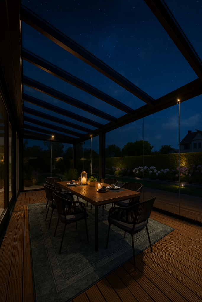 Sfeervolle verlichting onder een antraciet terrasoverkapping met gedimde LED spots en een gedekte houten eettafel in de avond