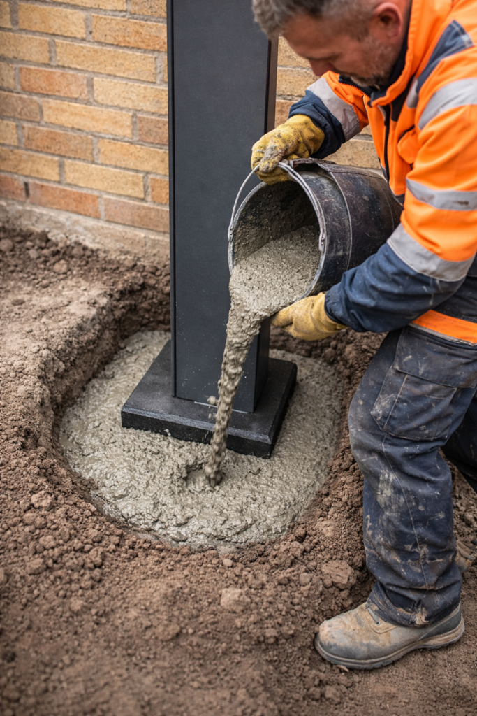 Betonpoer plaatsen voor veranda terwijl cement wordt gestort rond aluminium staander