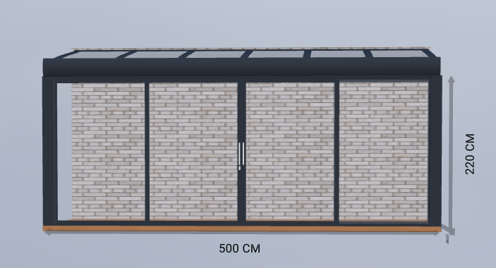 3D veranda configurator met voorbeeldafmeting 500 x 300 cm en glazen schuifdeuren