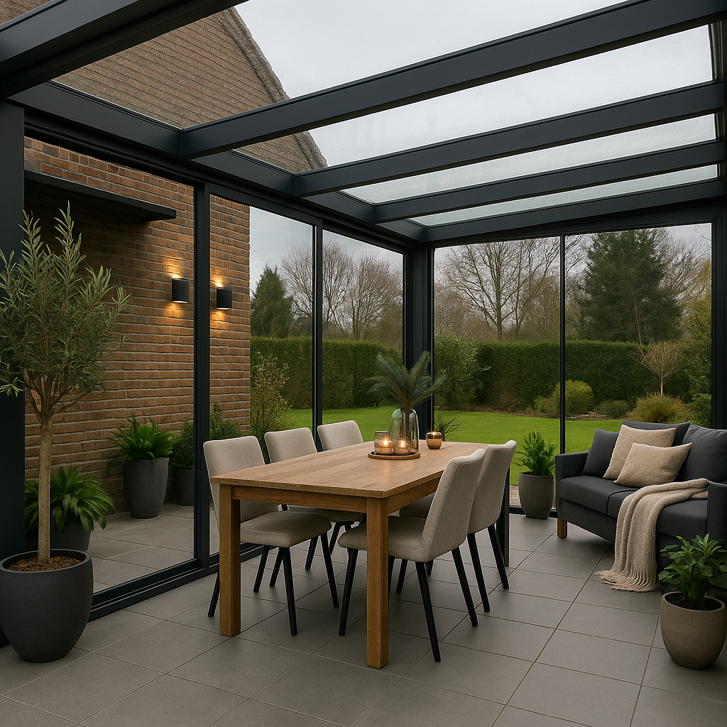 Luxe ingerichte glazen veranda met zwarte profielen, een houten eethoek en sfeervolle buitenverlichting in de avonduren
