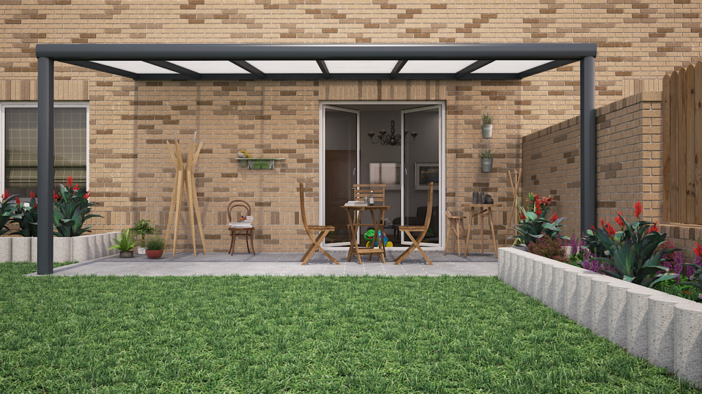 Moderne antraciet veranda 600x400 met polycarbonaat dak in de achtertuin van een woning