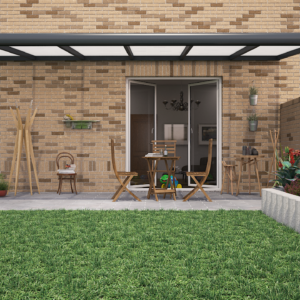 Ruime antraciet aluminium veranda 600x300 cm met polycarbonaat dak en een gezellig terras met houten eettafel