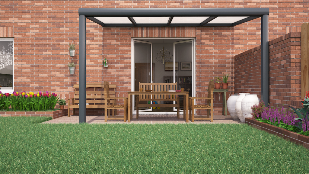 Kleine antraciet aluminium veranda 400x300 met polycarbonaat dak passend bij een bakstenen gevel