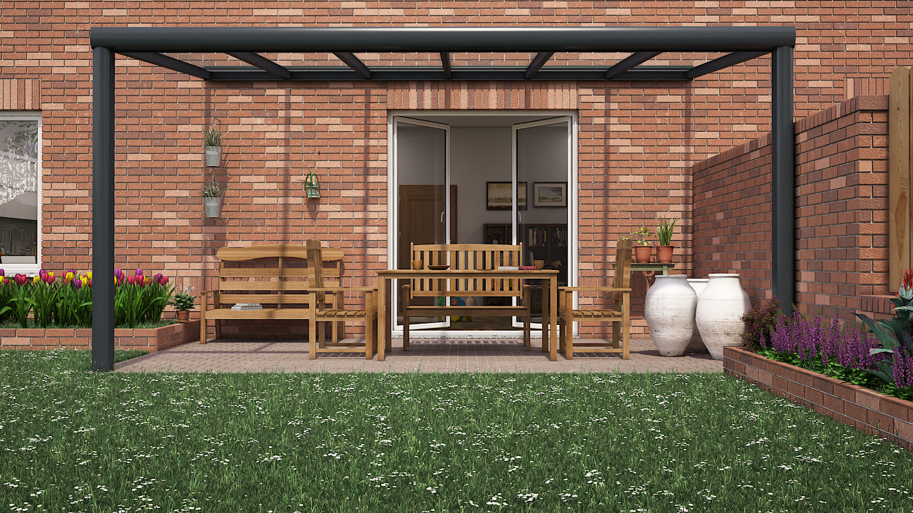 glazen veranda 600x350 cm aluminium constructie met glazen dak antraciet RAL 7016 Verandadealer.nl